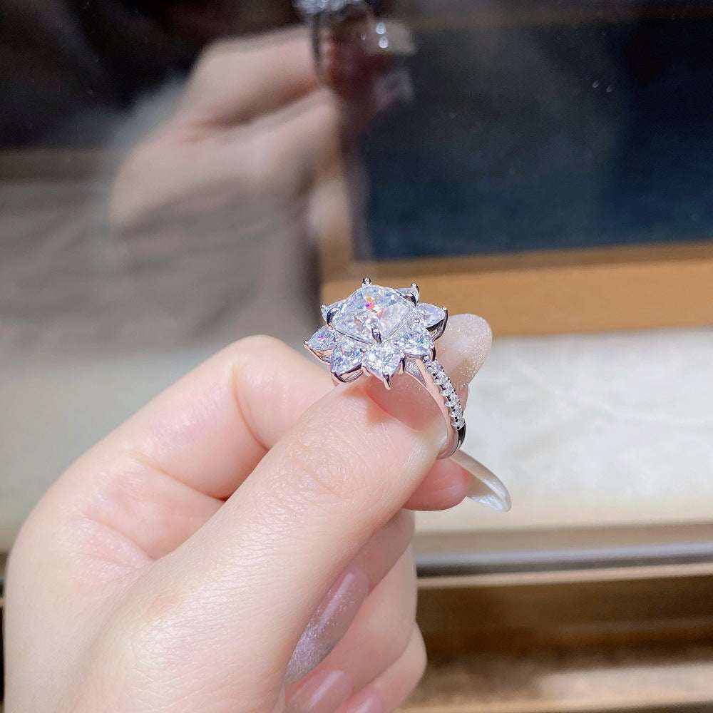 2.4 CTW DEW colorless cushion cut moissanite sunflower halo engagement ring in sterling silver