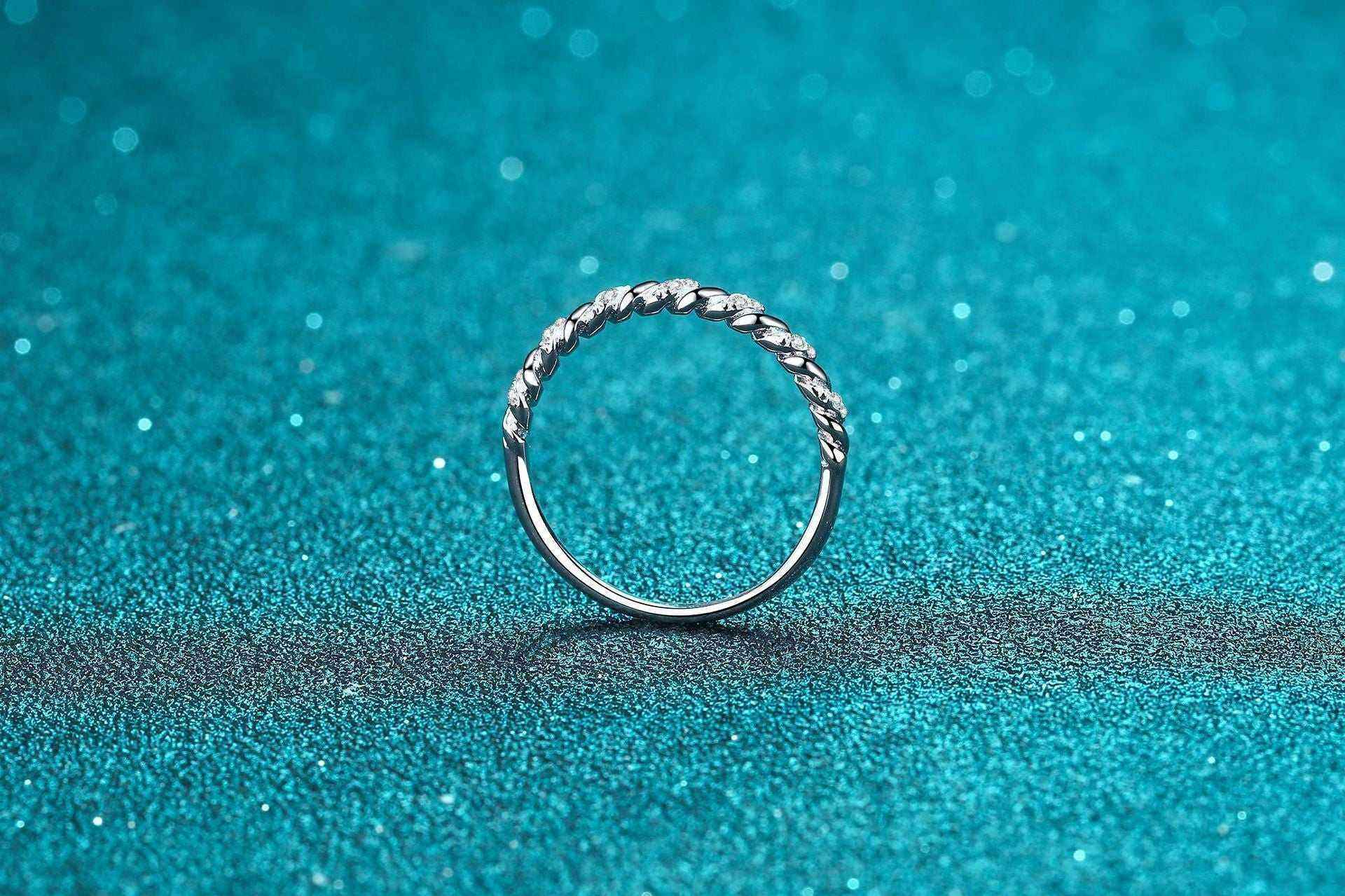 Micro Pave Croissant Shaped Moissanite Decorative Ring in Platinum Pla