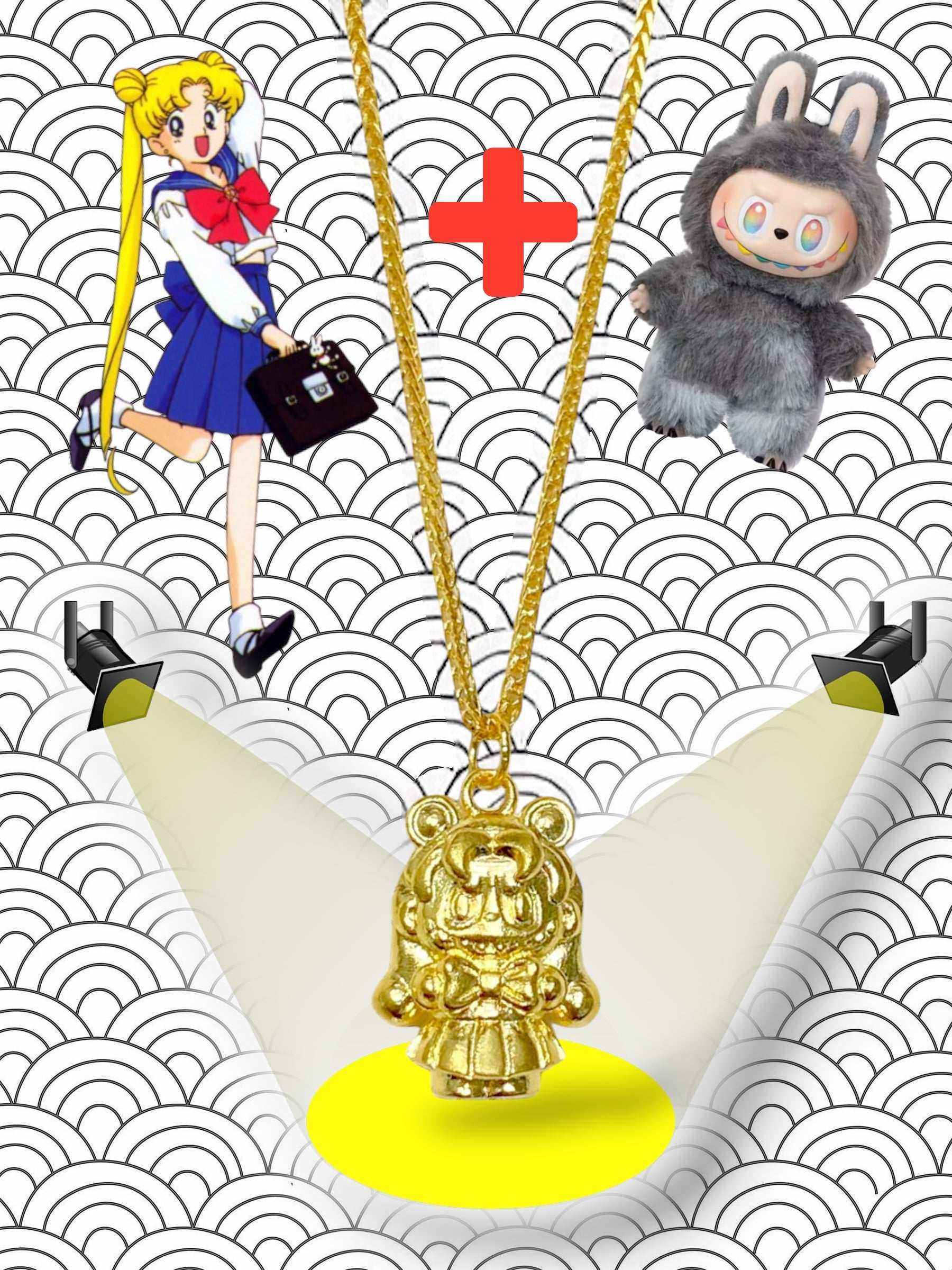 24K Gold Labubu Doll pendant inspired by Sailor Moon, crafted in 999 Fine Gold, collectible pop culture jewelry charm