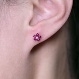 Plum Blossom Sakura Flower Ruby or Sapphire Diamond Stud Earrings in 18k Rose Gold