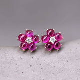 Plum Blossom Sakura Flower Ruby or Sapphire Diamond Stud Earrings in 18k Rose Gold