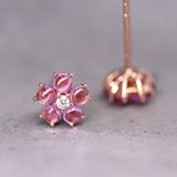 Plum Blossom Sakura Flower Ruby or Sapphire Diamond Stud Earrings in 18k Rose Gold