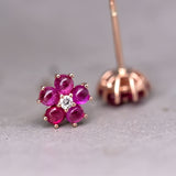 Plum Blossom Sakura Flower Ruby or Sapphire Diamond Stud Earrings in 18k Rose Gold