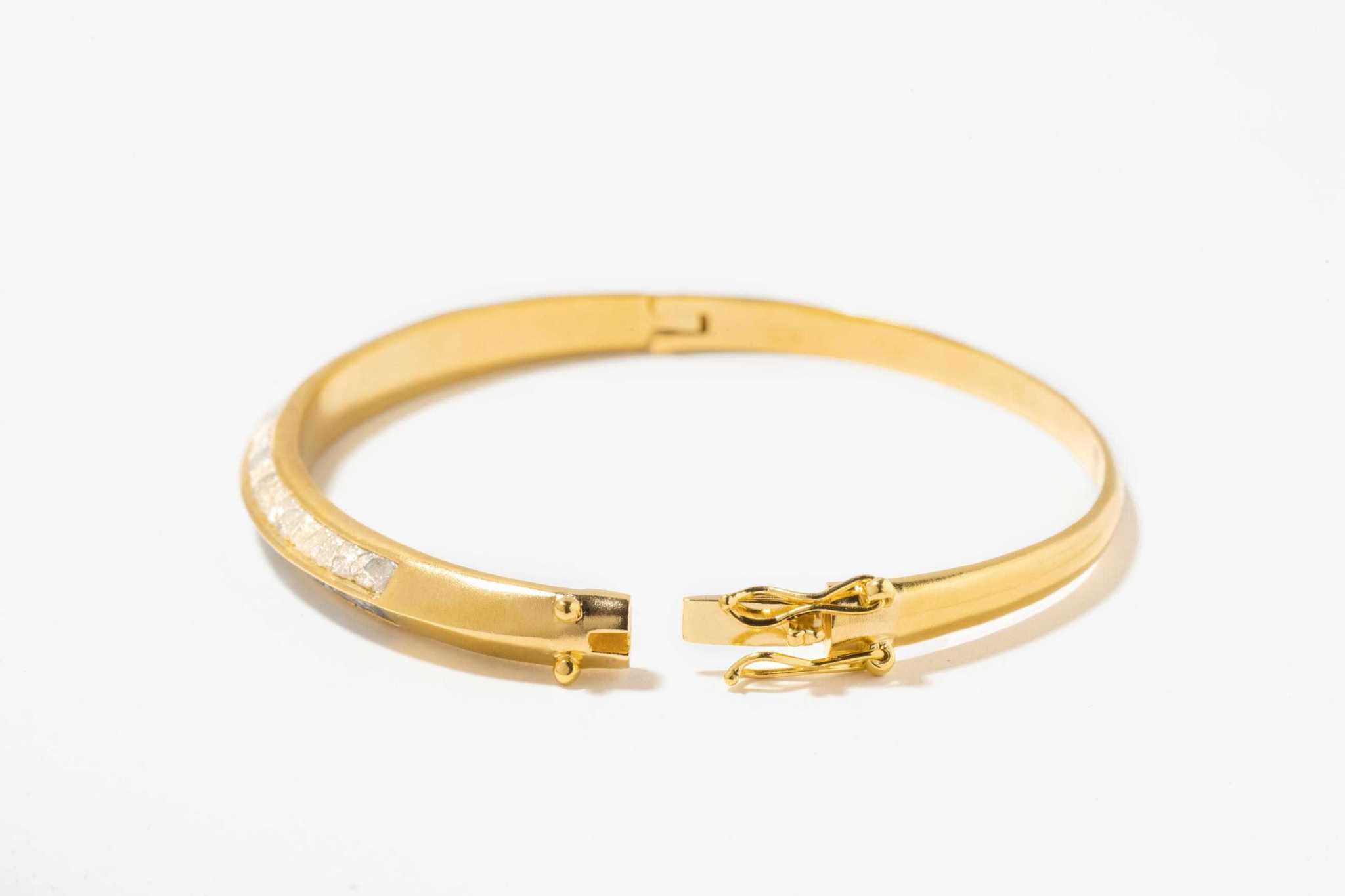 Sasta Gold Vermeil bangle bracelet with sliced raw diamonds, 18k gold layer over sterling silver, simple and stackable design