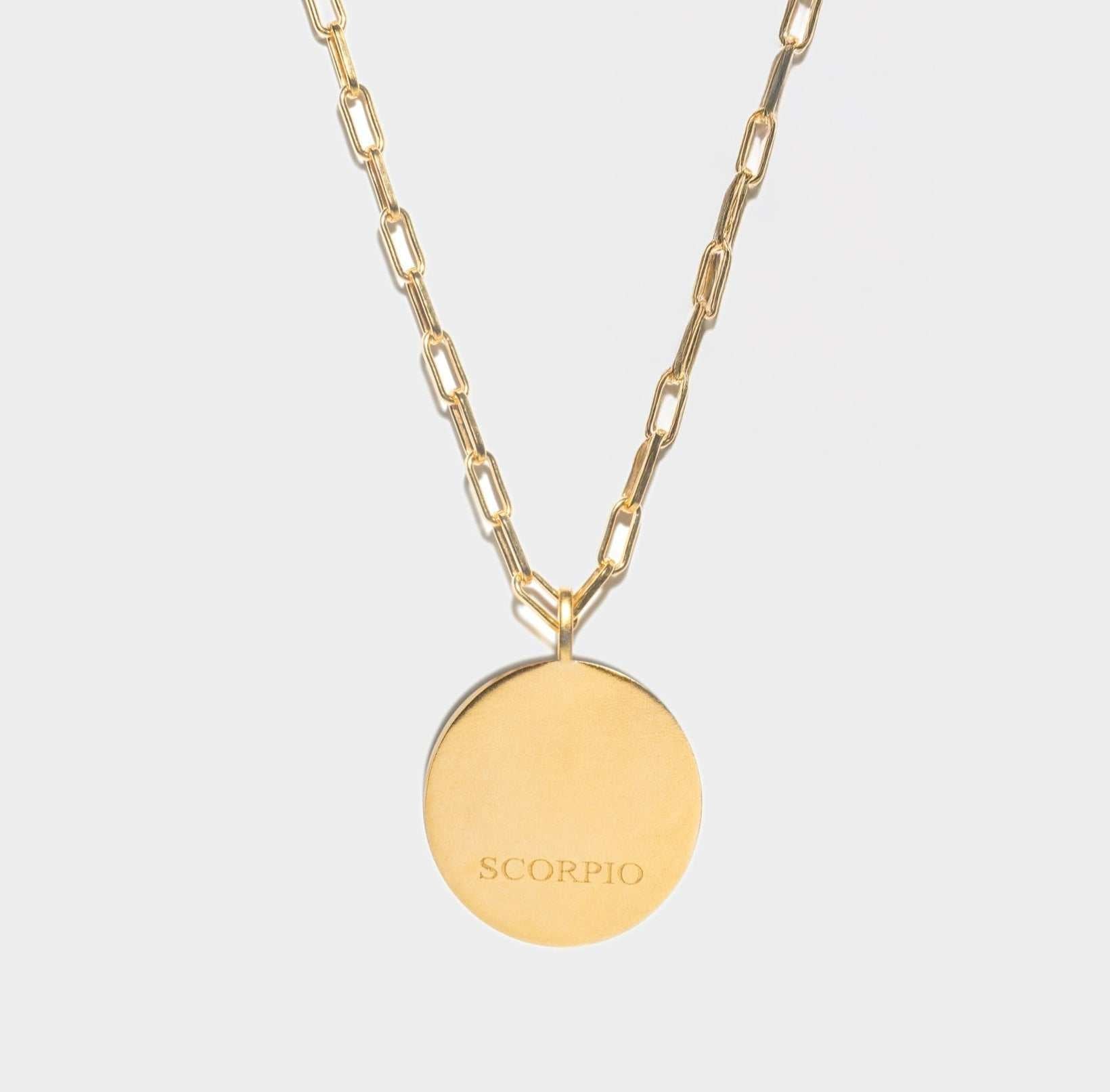 Scorpio Gold Vermeil Pendant necklace with 18k gold layer and sterling silver base, engraved disc pendant on chain.