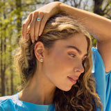 Woman wearing 14k gold cushion cut sky blue topaz stud earrings and matching ring in outdoor setting