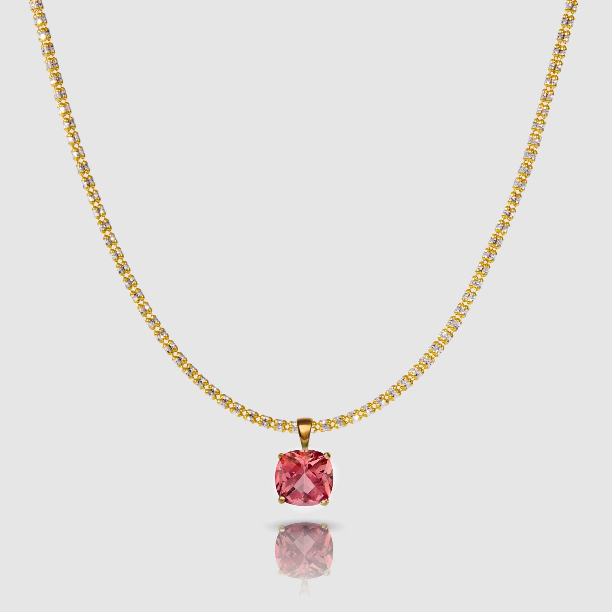 Pink tourmaline pendant necklace in 14k gold with a cushion-cut stone and large bail