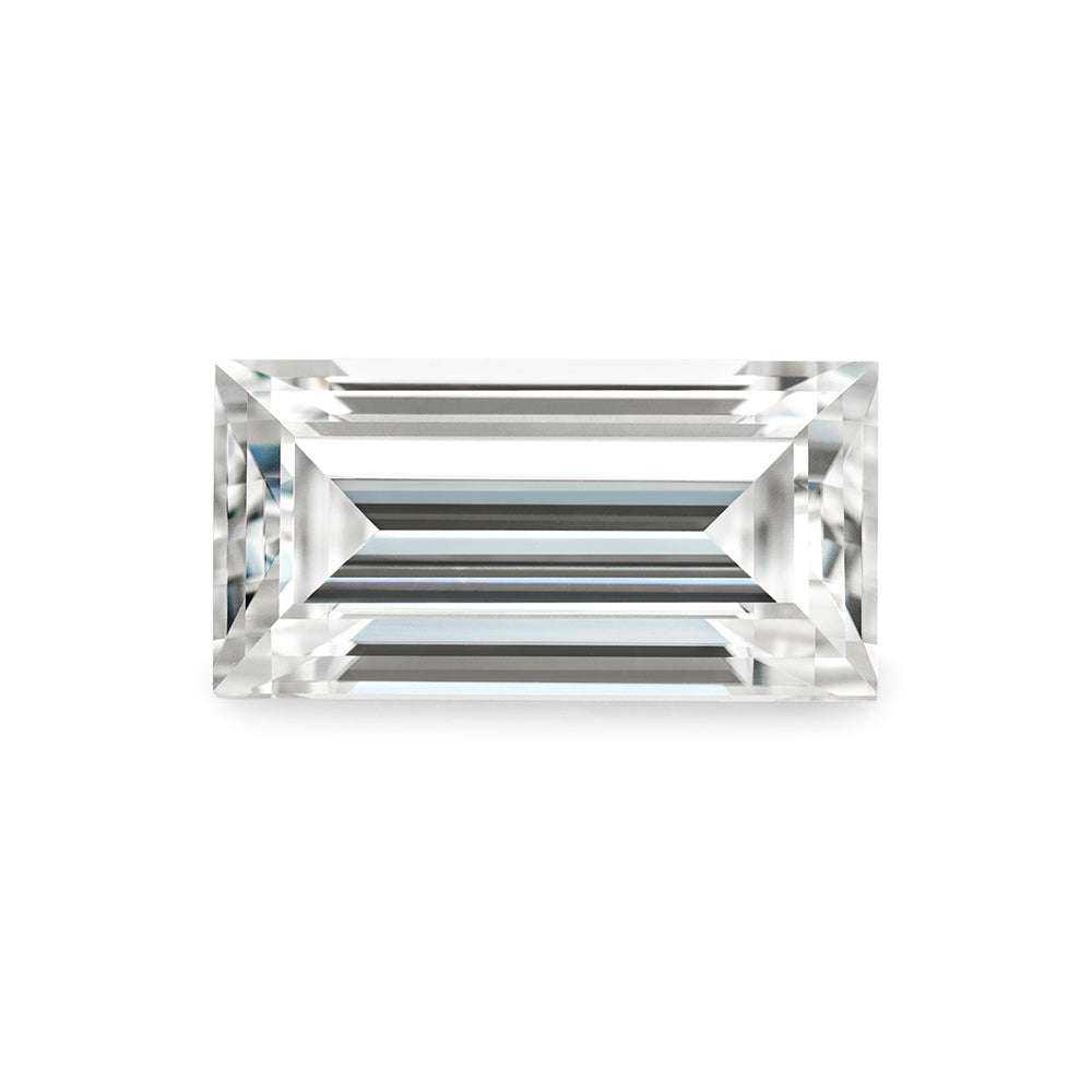Charles & Colvard Forever One™ straight baguette shape moissanite gemstone with IF-VS1 clarity and high hardness.