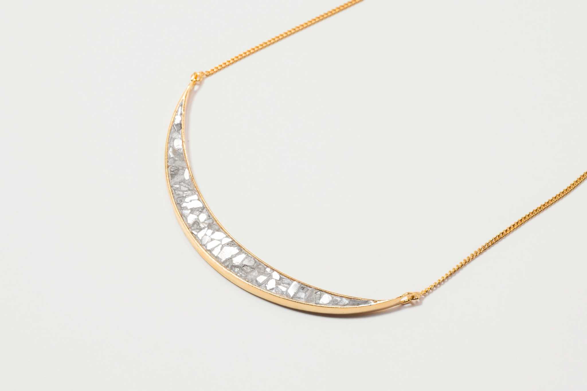 Thane Gold Vermeil Pendant necklace with sliced raw uncut diamonds and 18k gold vermeil crescent design