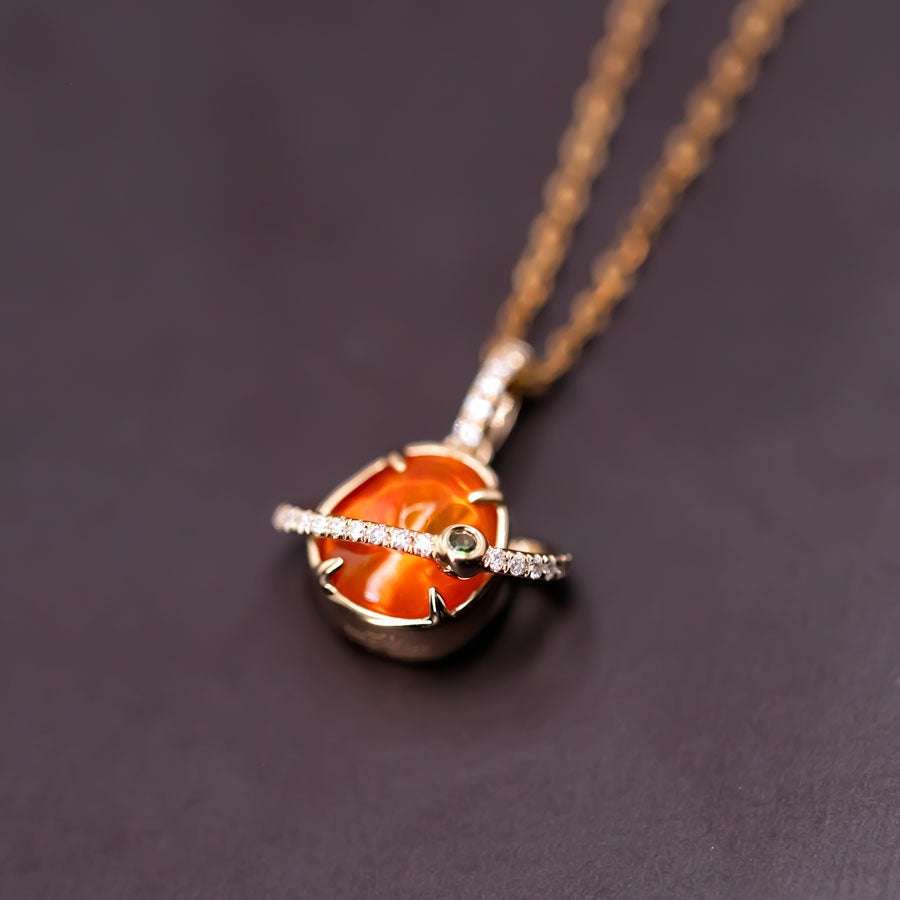 18K yellow gold pendant necklace with Mexican fire opal, diamonds, and tsavorite gemstone
