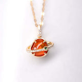 18K yellow gold pendant necklace with Mexican fire opal, diamond, and tsavorite stones