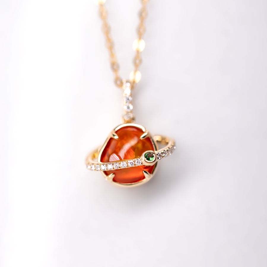 18K yellow gold pendant necklace with Mexican fire opal, diamond, and tsavorite stones