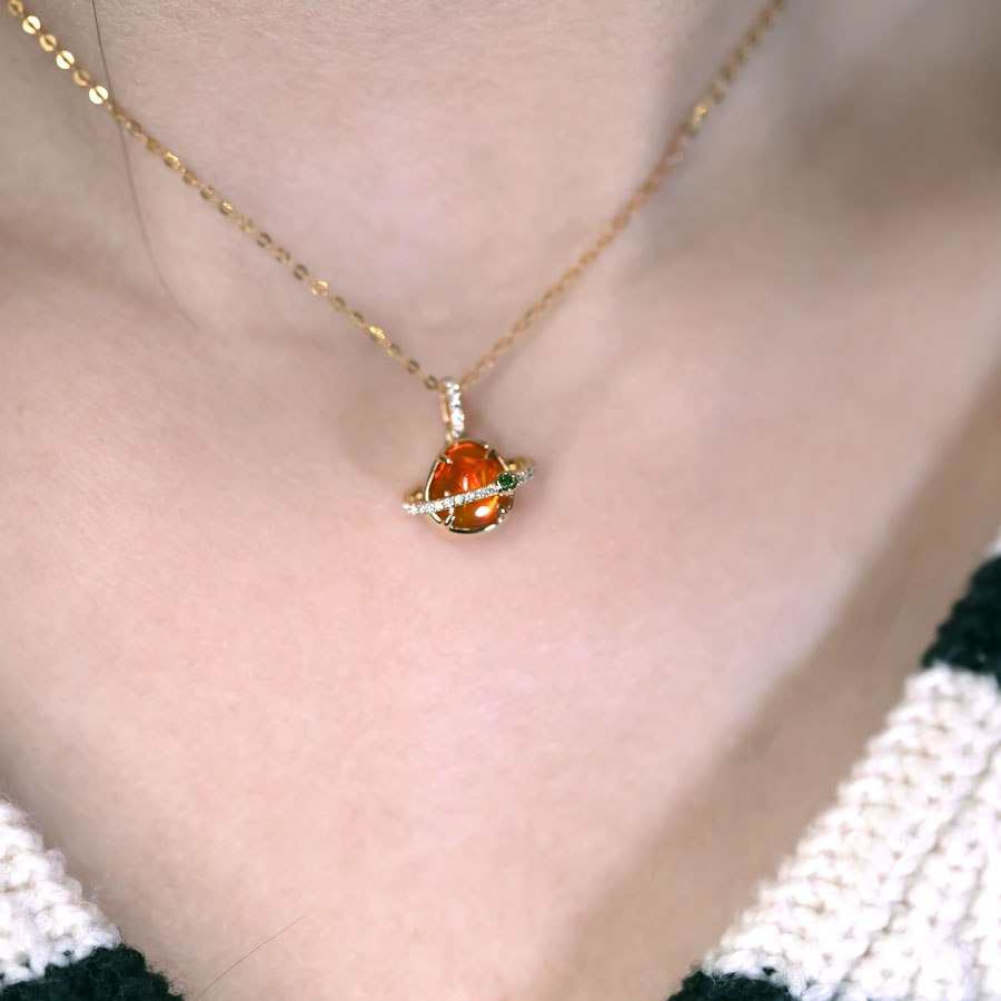 18K yellow gold pendant necklace with Mexican Fire Opal, diamonds, and tsavorite gemstones