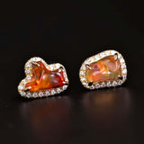 Two Colors Fire Opal Diamond Halo Stud Earrings in 18K Yellow Gold