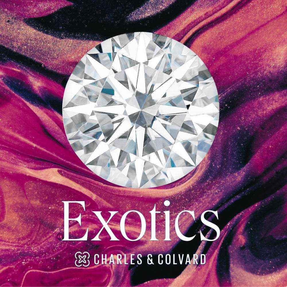 Charles & Colvard Forever One™ Certified Exotics Round Hearts & Arrows Cut Moissanite gemstone on a vibrant purple and pink background