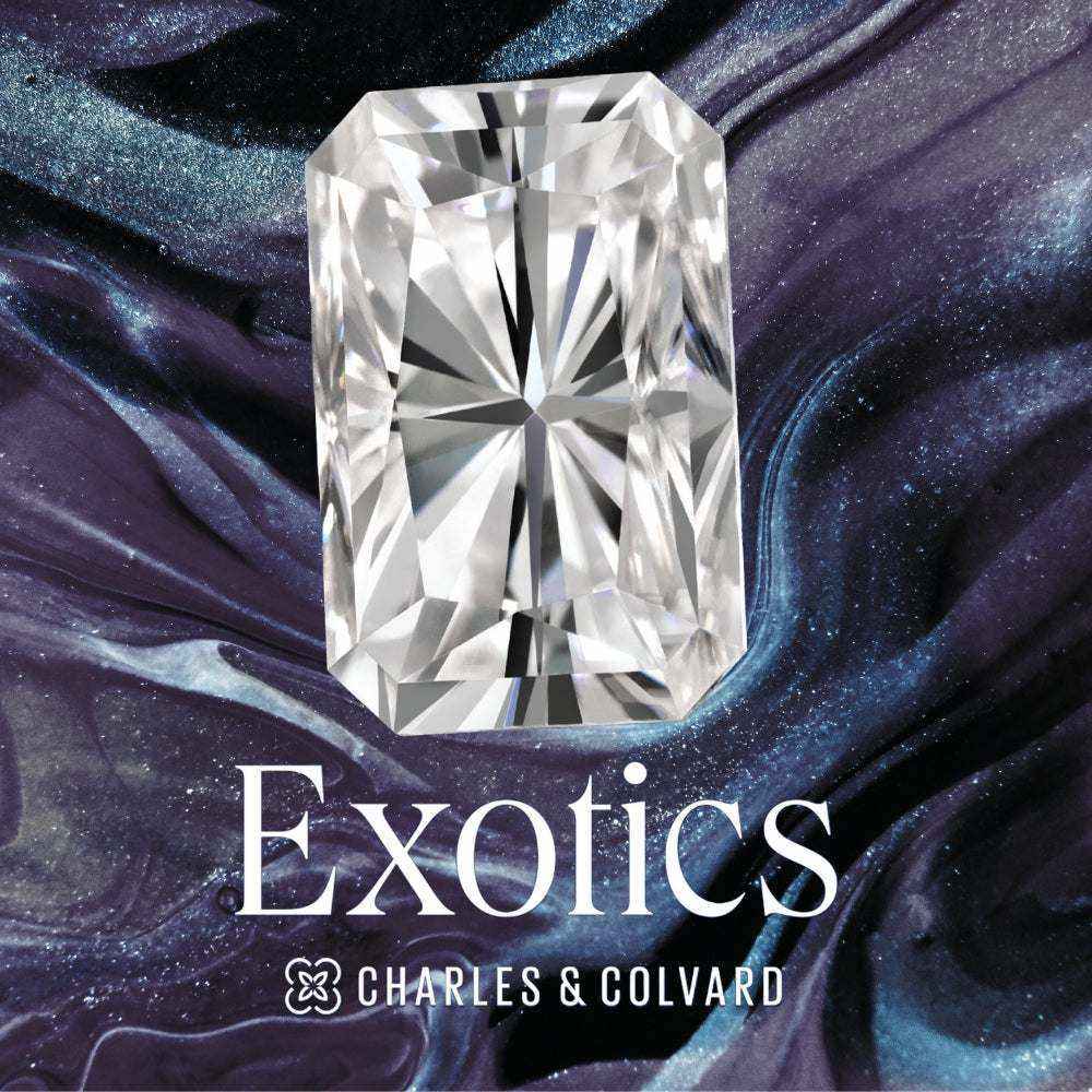 Charles & Colvard Forever One certified radiant modified brilliant cut moissanite gemstone on a dark swirling background