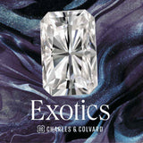 Charles & Colvard Forever One certified radiant modified brilliant cut moissanite gemstone on a dark swirling background