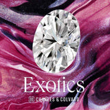 Charles & Colvard Forever One™ Certified Exotics Oval Brilliant Cut Moissanite gemstone on a vibrant purple and pink background.