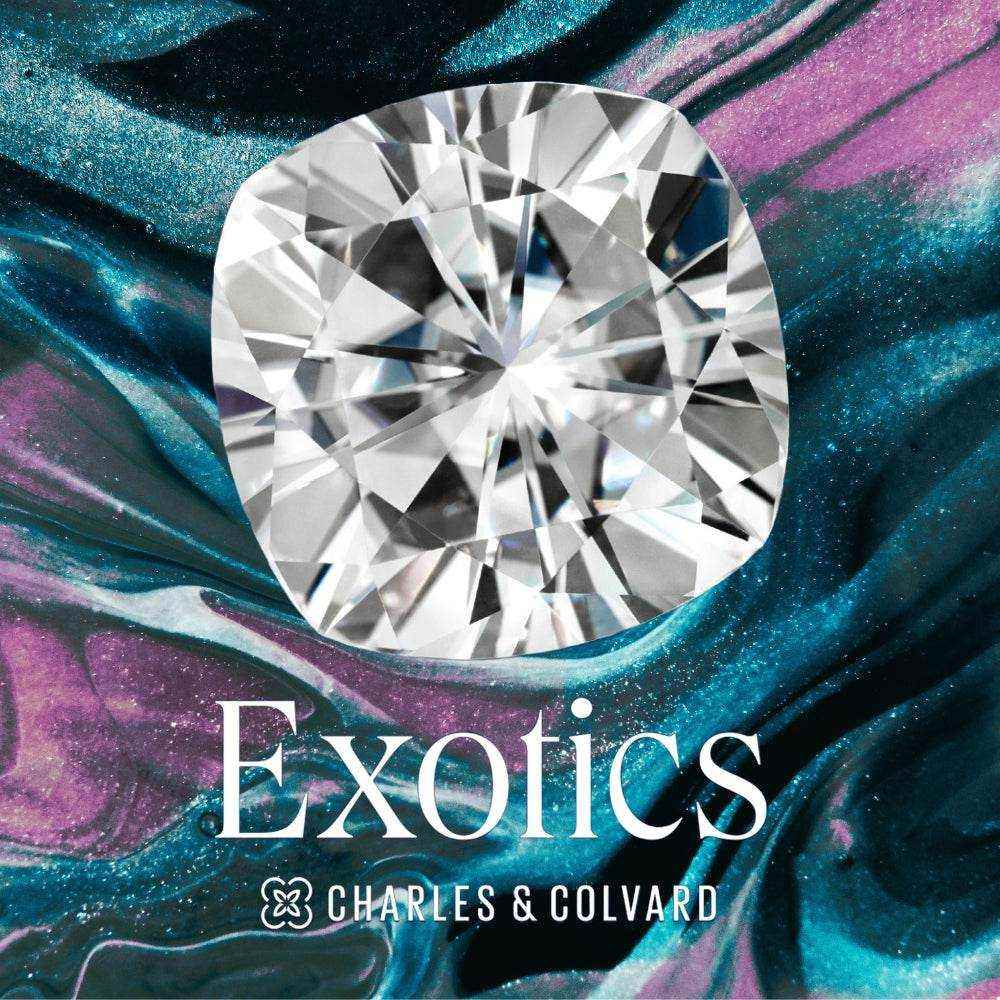 Charles & Colvard Forever One™ Certified Exotic Cushion Brilliant Cut Moissanite gemstone on colorful marbled background