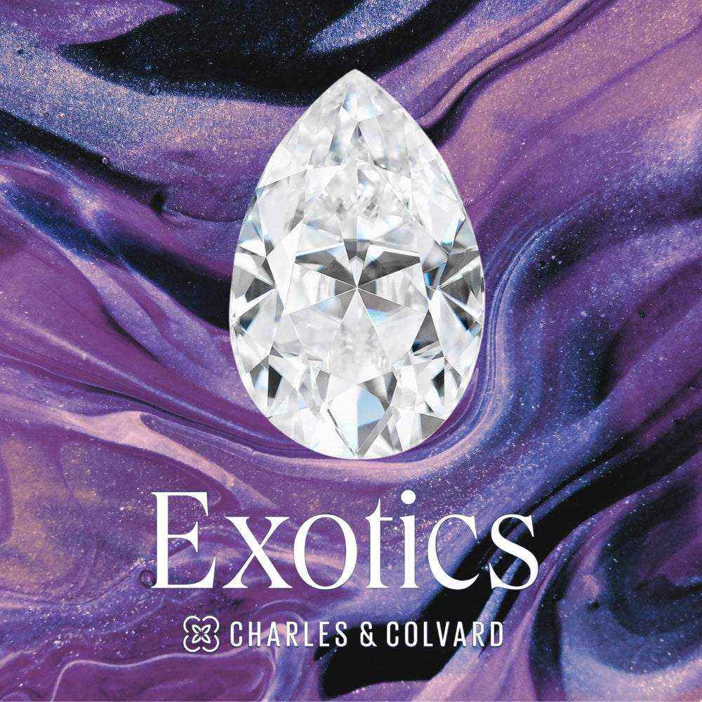 Charles & Colvard Forever One™ Certified Exotics Pear Brilliant Cut Moissanite gemstone on purple and black marbled background