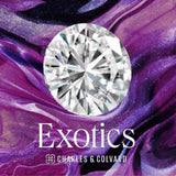 Charles & Colvard Forever One™ Certified Exotics Round Brilliant Cut Moissanite gemstone with exceptional brilliance on a purple marbled background