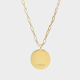 Virgo Gold Vermeil Pendant necklace with 18k gold layer and sterling silver base, circular pendant engraved with "VIRGO" on chain