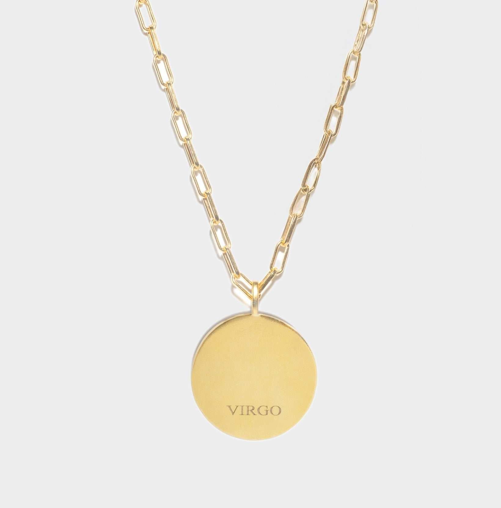 Virgo Gold Vermeil Pendant necklace with 18k gold layer and sterling silver base, circular pendant engraved with "VIRGO" on chain
