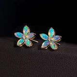 Opal Diamond Sakura Cherry Blossom Flower Stud Earrings in 14K Yellow Gold