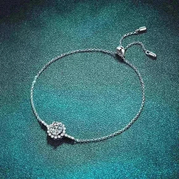 1 CTW moissanite halo setting adjustable bolo bracelet in 925 sterling silver with symmetrical accent stones