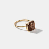 Smokey Quartz Ring with 10x10mm cushion-cut stone set in 14k solid gold on white background
