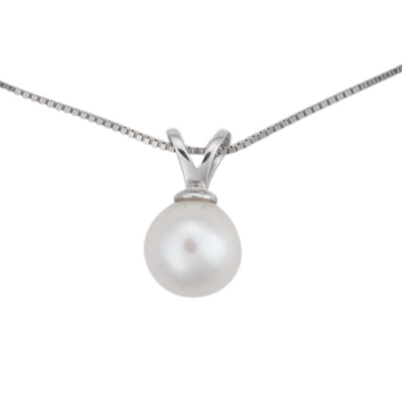 Sterling silver necklace with single white freshwater pearl pendant on 18-inch chain