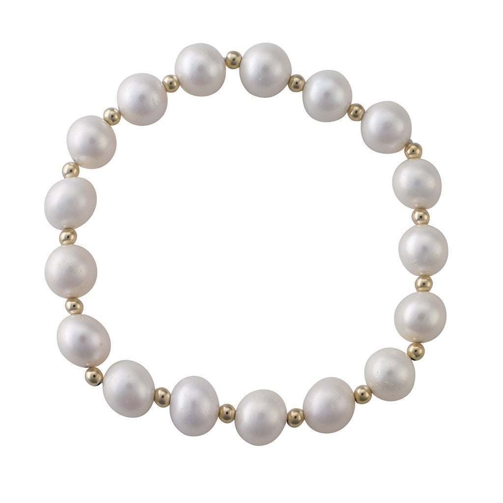 Pearl and gold bead stretch bracelet with 10mm white freshwater pearls and 9k gold beads