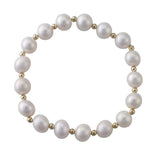 Pearl and gold bead stretch bracelet with 10mm white freshwater pearls and 9k gold beads