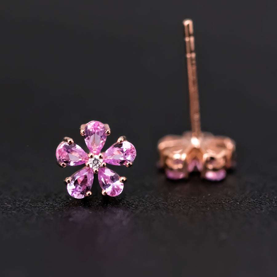 Pink sapphire diamond cherry blossom flower stud earrings in 14K rose gold