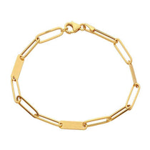 14K yellow gold bar paperclip oval link interlocking chain bracelet with lobster clasp