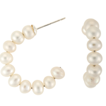 Stacked pearl hoops earrings with 10 white freshwater cultured pearls on 1-inch silver hoops for pierced ears