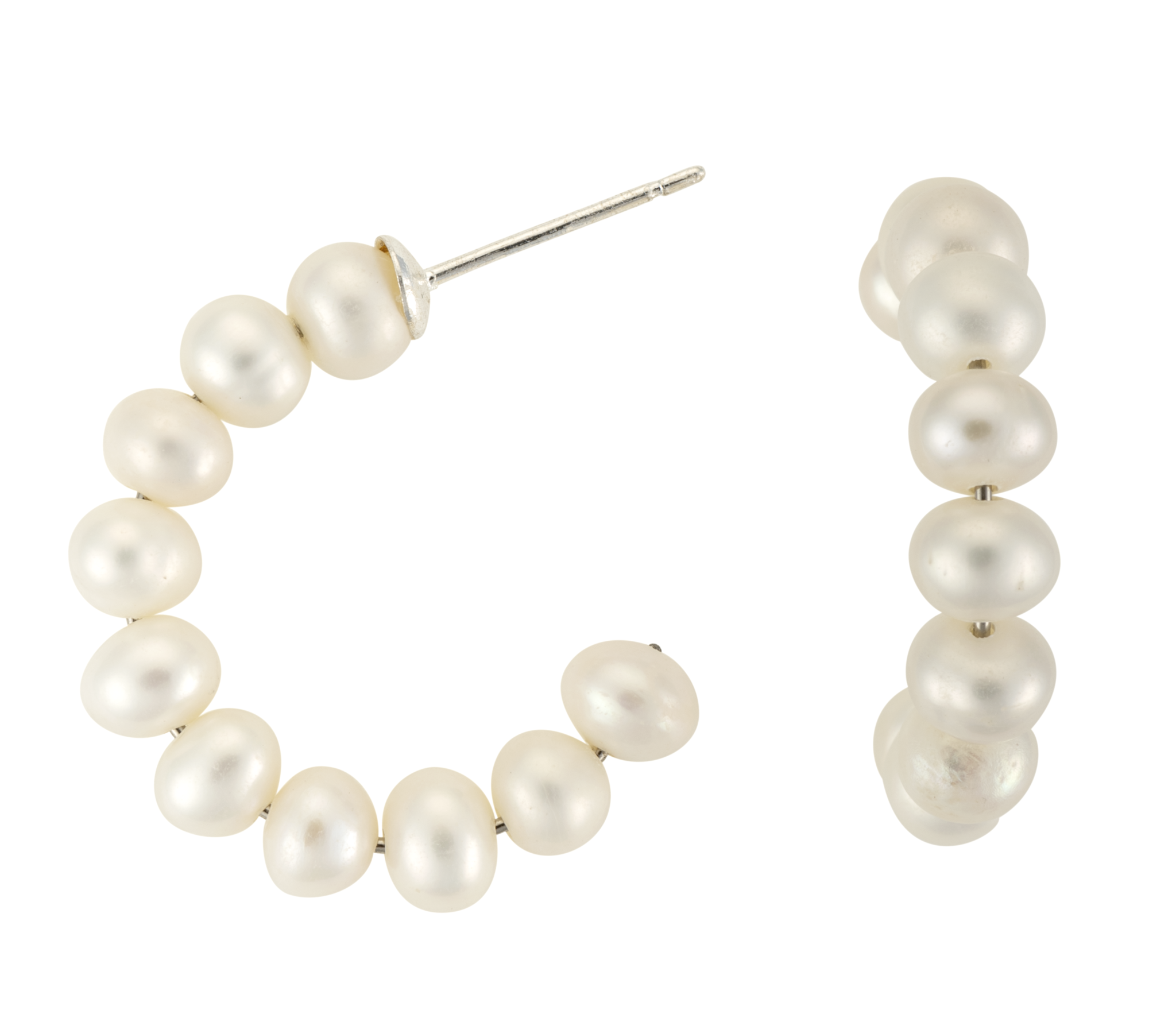 Stacked pearl hoops earrings with 10 white freshwater cultured pearls on 1-inch silver hoops for pierced ears
