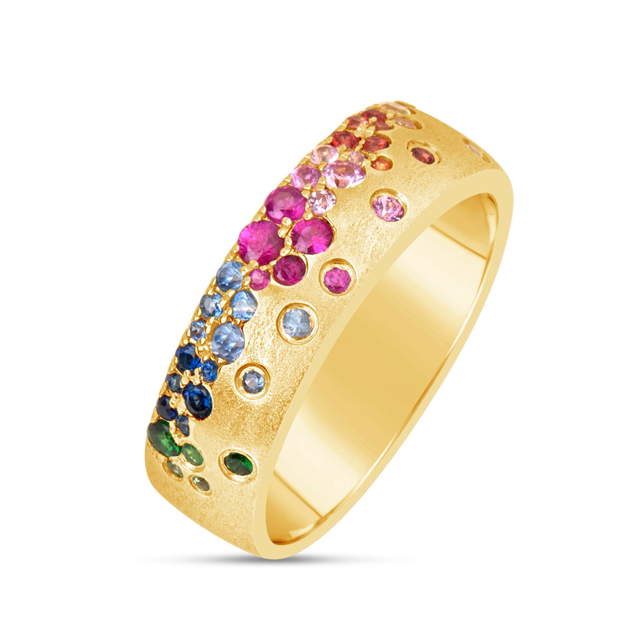 14K gold Sapphire Scattered Rainbow mini cigar band with scattered rainbow sapphires and satin finish