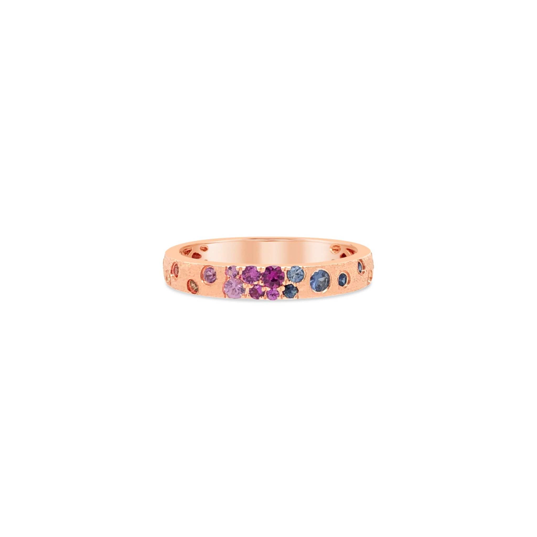 Sapphire Scattered Rainbow petite band ring in 14K gold with satin brushed finish and multicolor sapphires