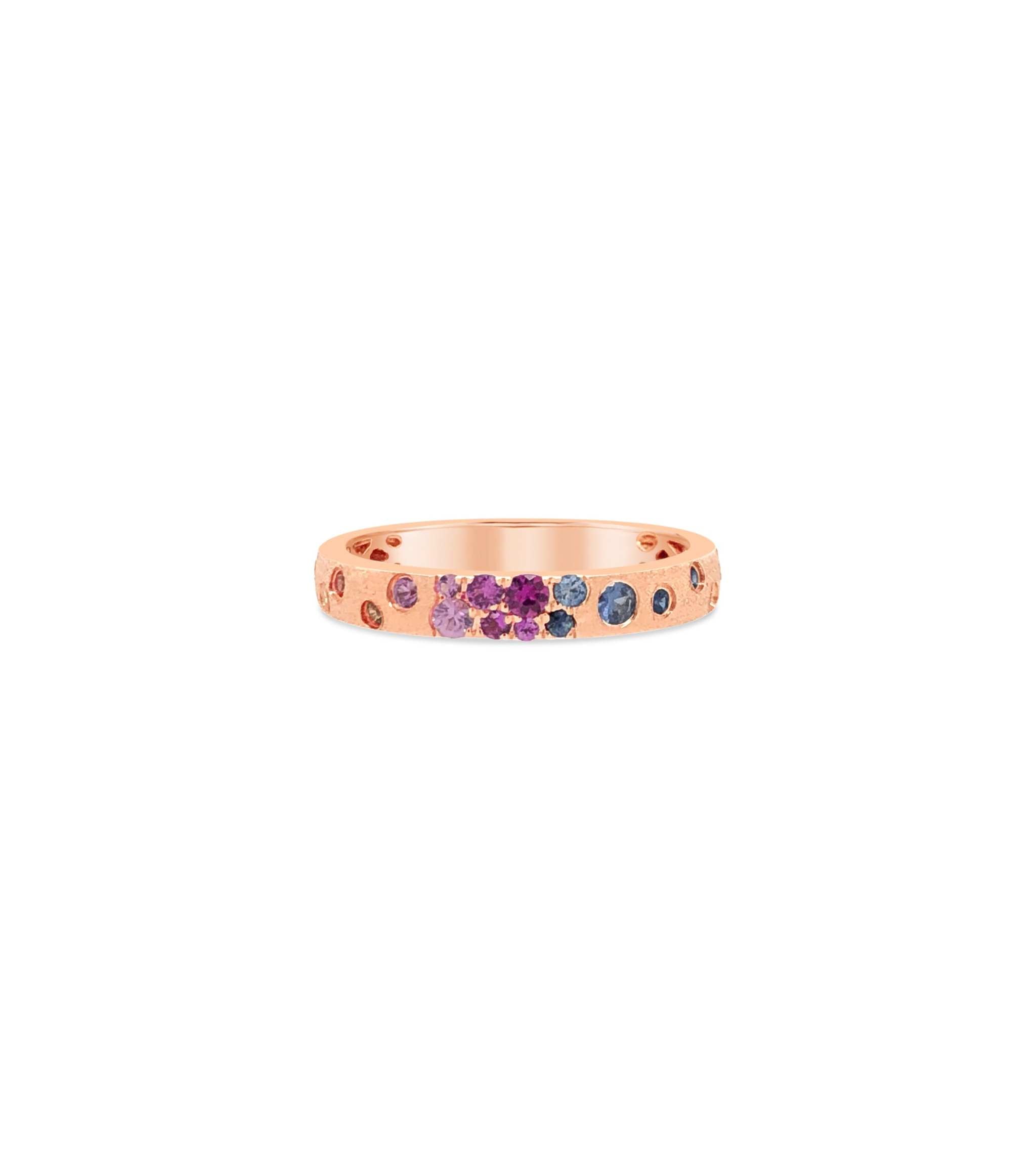Sapphire Scattered Rainbow petite band ring in 14K gold with satin brushed finish and multicolor sapphires