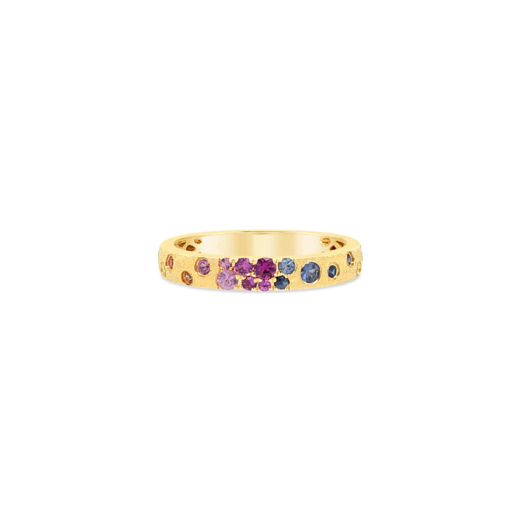 14K gold Sapphire Scattered Rainbow petite band with rainbow sapphires and satin brushed finish