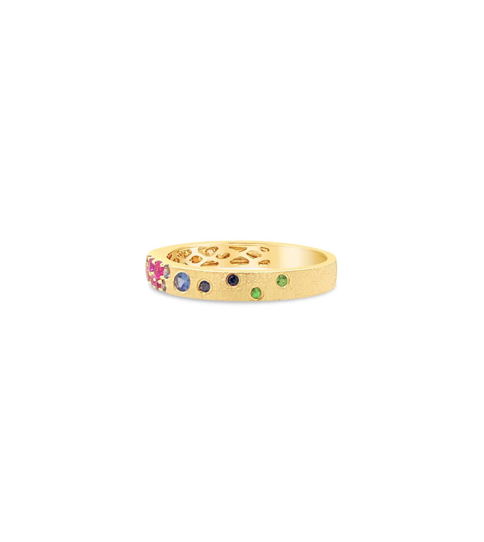 14K gold Sapphire Scattered Rainbow petite band with satin brushed finish and multicolored sapphires