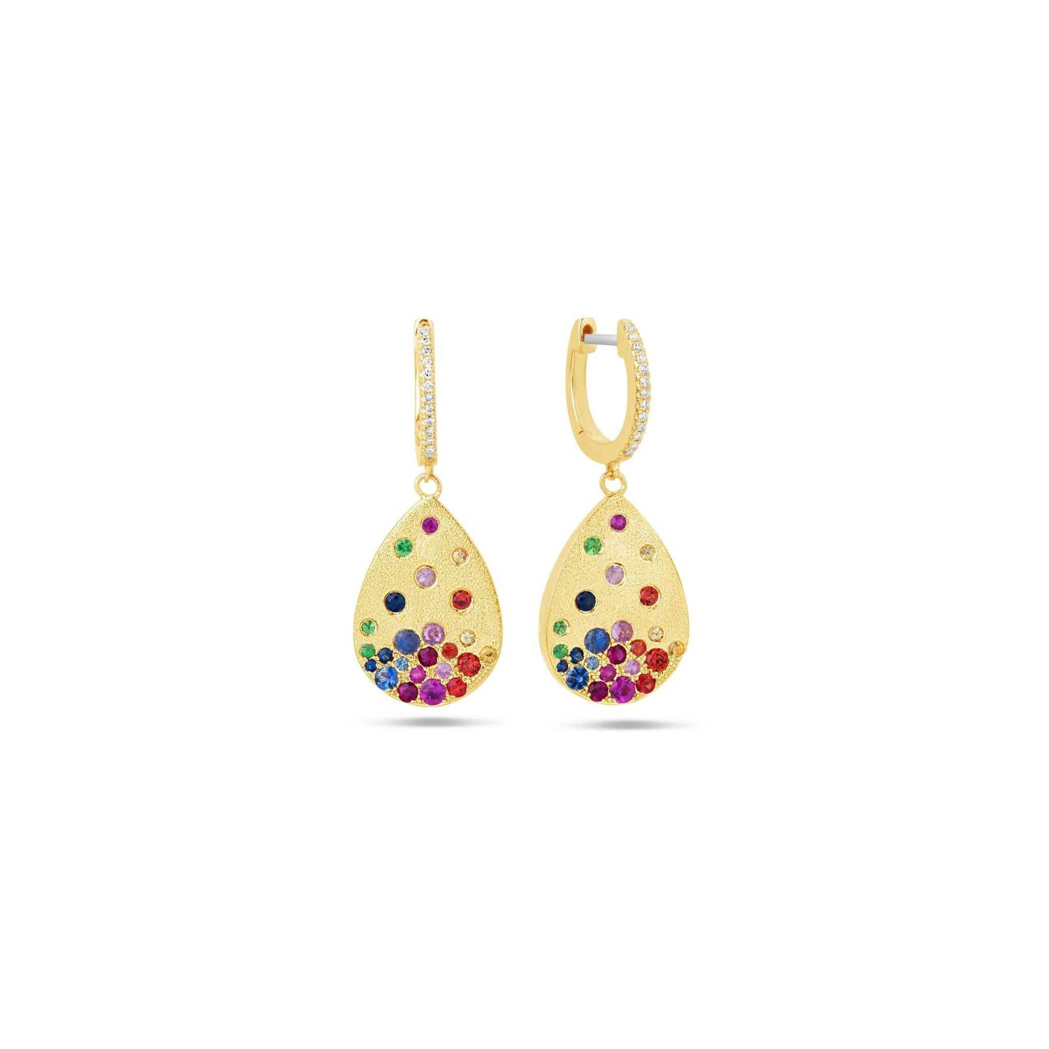 14K gold teardrop earrings with scattered rainbow sapphires and diamond accents in satin brushed finish