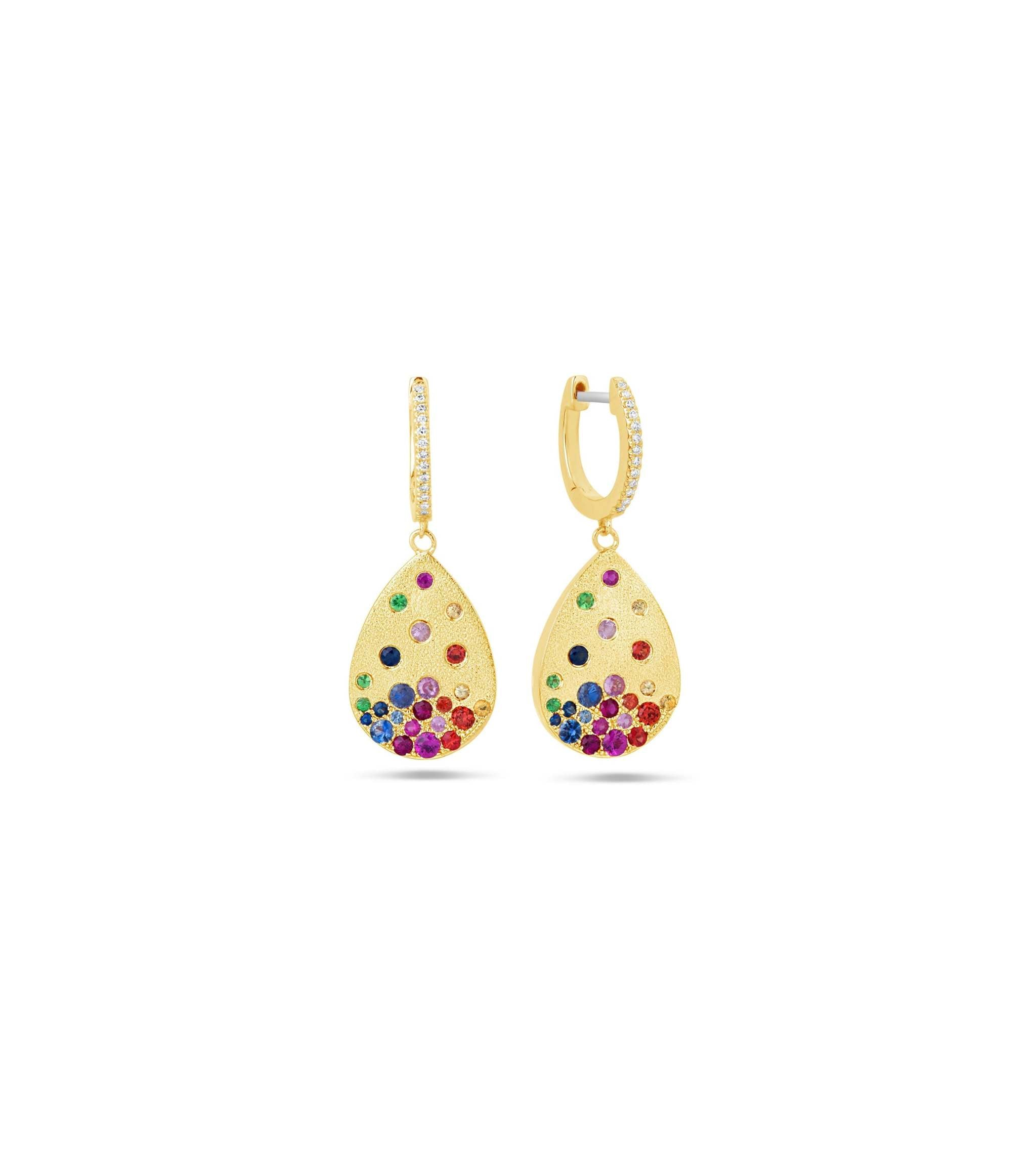 14K gold teardrop earrings with scattered rainbow sapphires and diamond accents in satin brushed finish