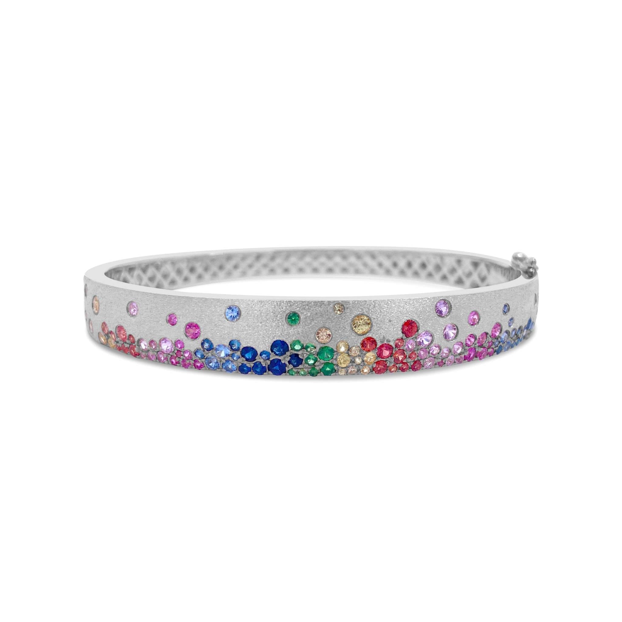 14K gold bangle with scattered rainbow sapphires and satin brushed finish Sapphire Scattered Rainbow signature bracelet