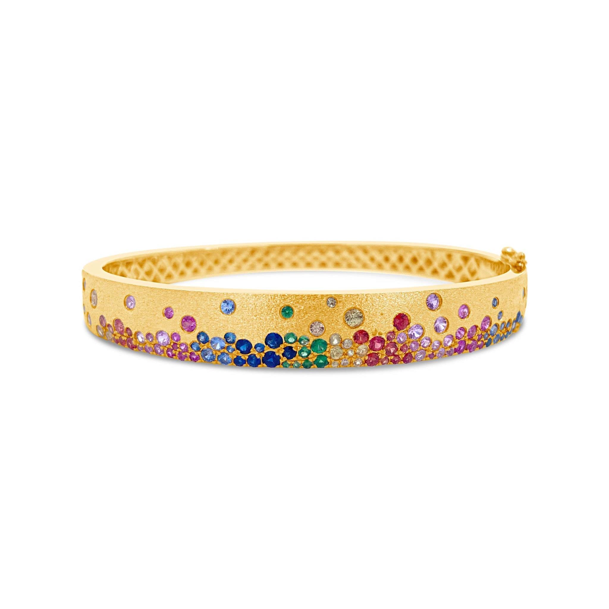 Sapphire Scattered Rainbow 14K gold bangle with rainbow sapphires and satin brushed finish