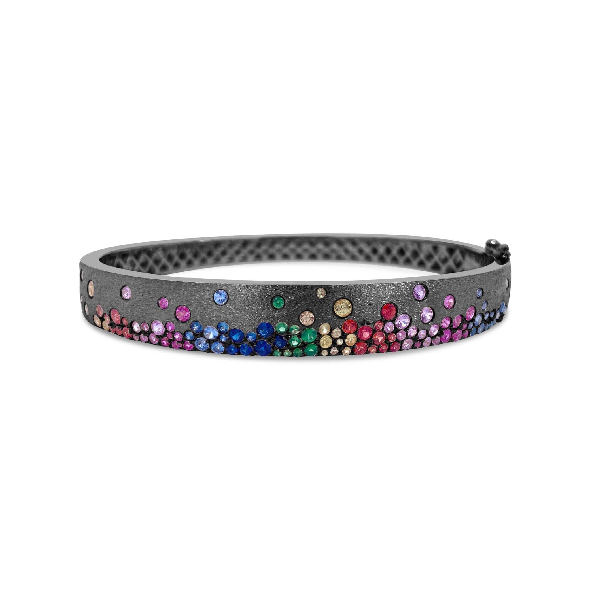 Sapphire Scattered Rainbow bangle in 14K gold with multicolor sapphires and satin brushed finish