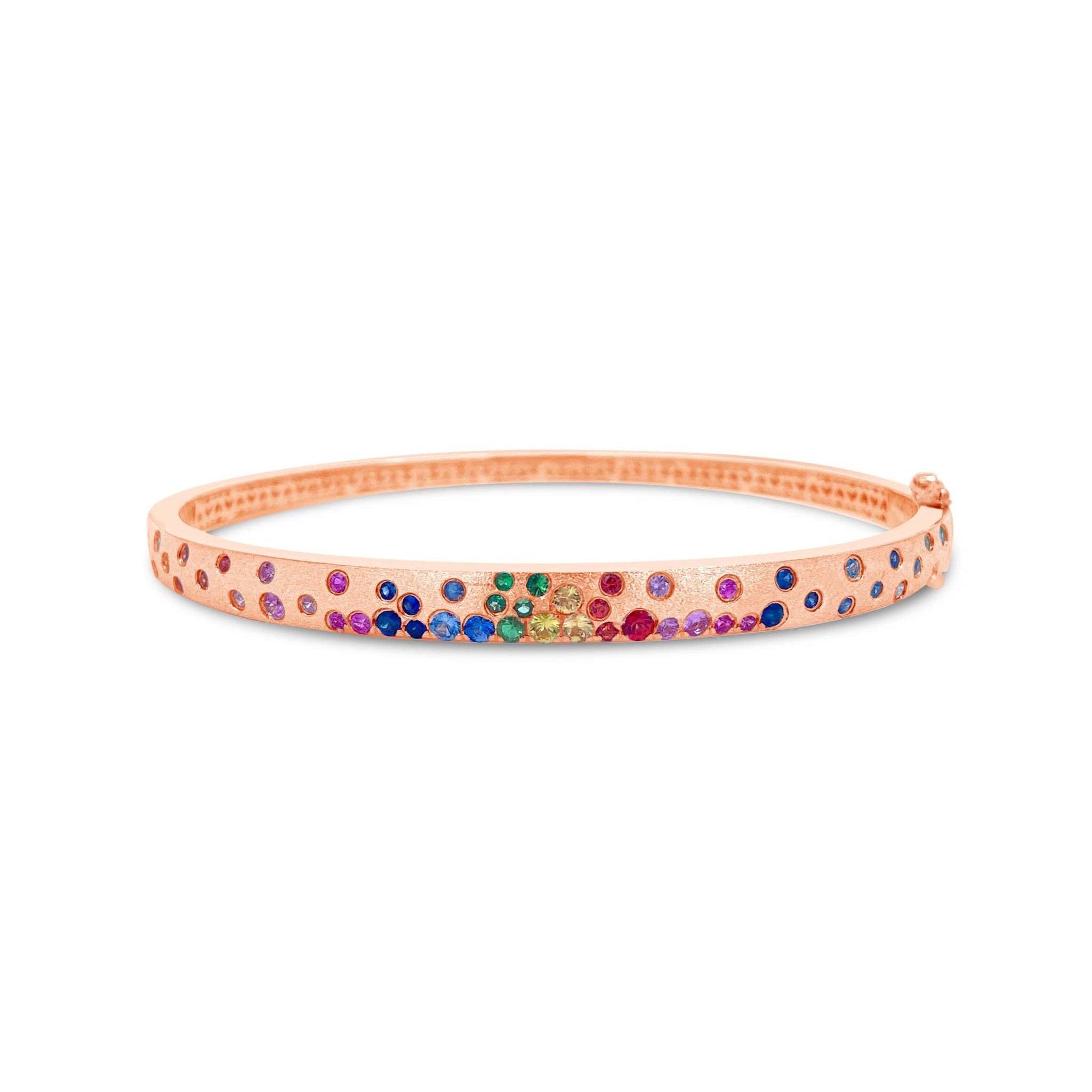14K gold Sapphire Scattered Rainbow slim bangle with rainbow sapphires and satin finish
