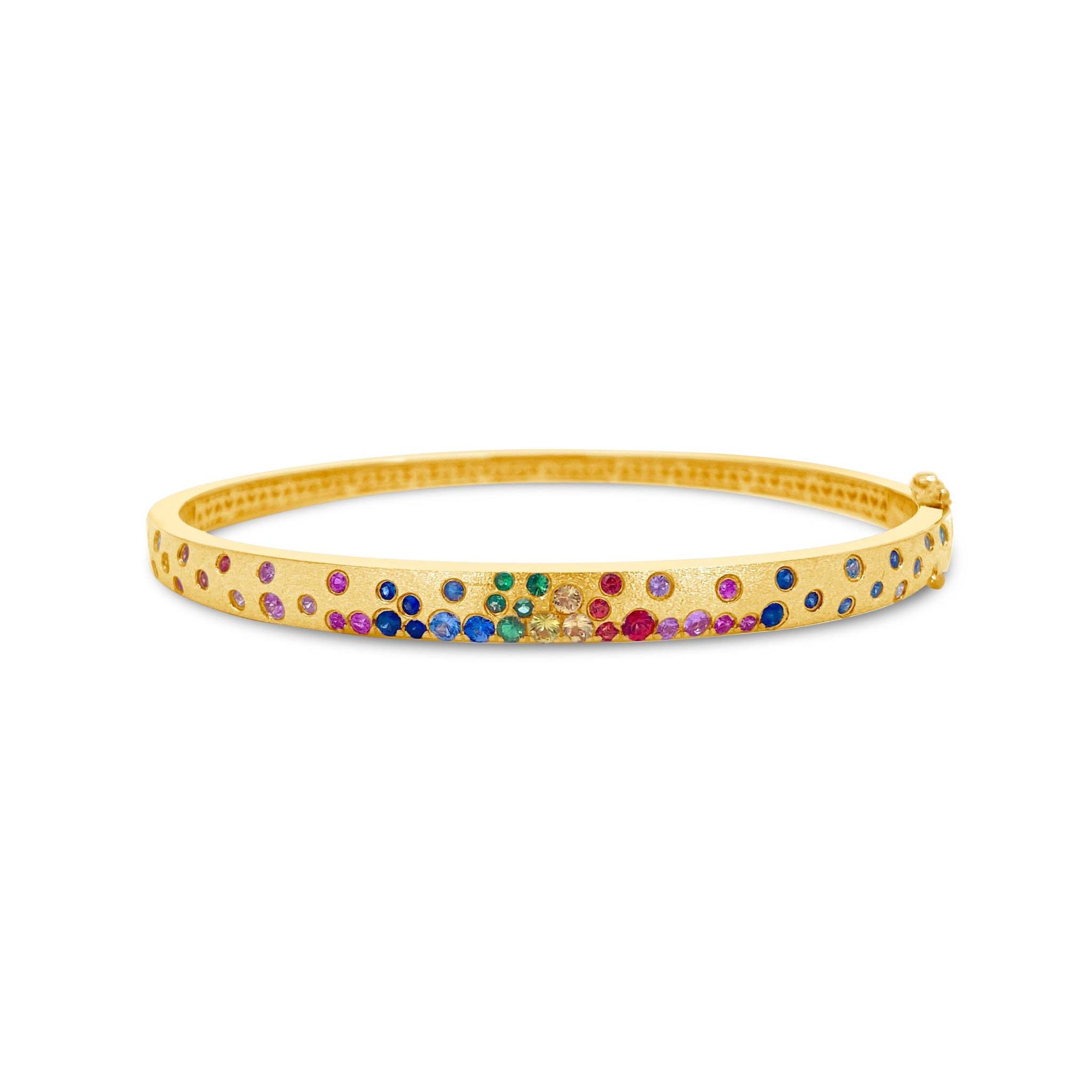14K gold slim bangle with scattered rainbow sapphires and satin finish