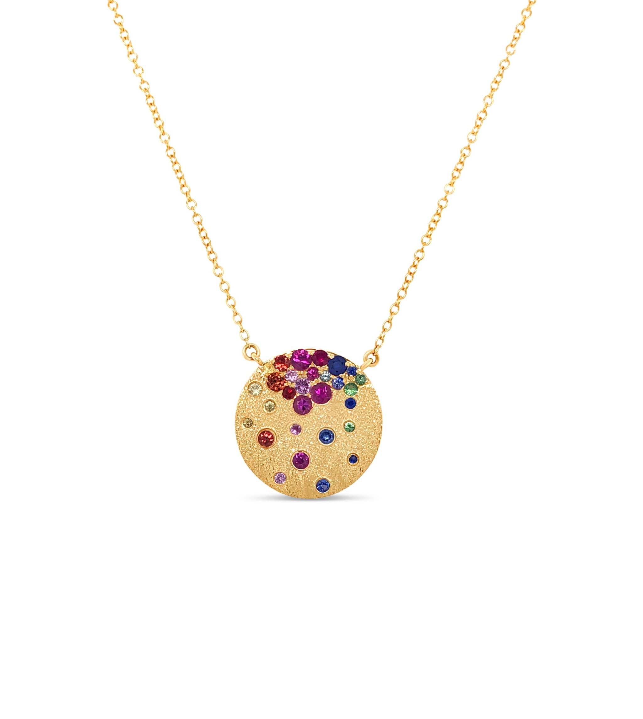 Sapphire Scattered Rainbow Disc Necklace in 14K yellow gold with rainbow sapphire gemstones and satin brushed finish